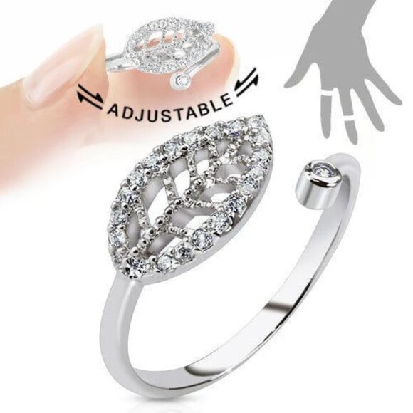 ADJUSTABLE RHODIUM PLATED BRASS PETITE LEAF MID-RING/TOE RING WITH CZS - Picture 1 of 1